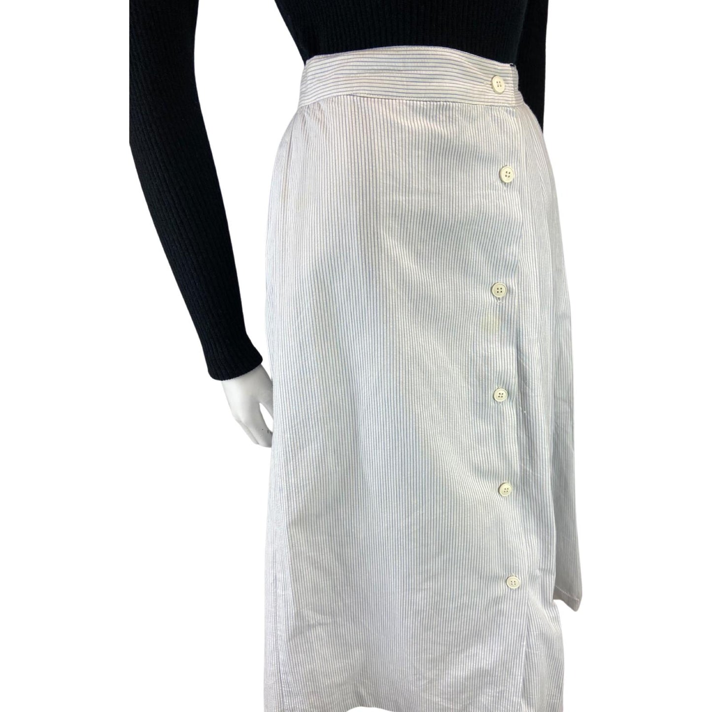 VINTAGE 80S 90S WHITE BLUE CACHAREL DESIGNER SWING MIDI BUTTON DOWN SKIRT 8 10 S