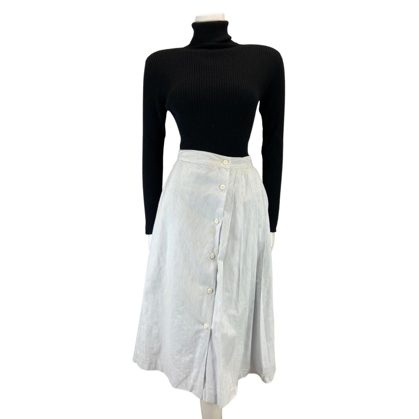 VINTAGE 80S 90S WHITE BLUE CACHAREL DESIGNER SWING MIDI BUTTON DOWN SKIRT 8 10 S