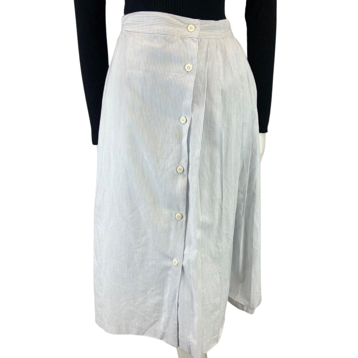 VINTAGE 80S 90S WHITE BLUE CACHAREL DESIGNER SWING MIDI BUTTON DOWN SKIRT 8 10 S