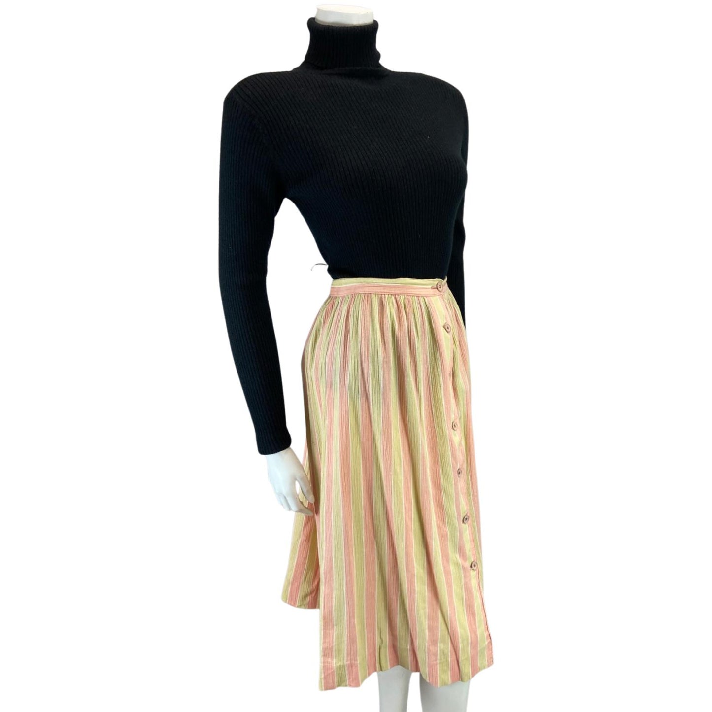 VINTAGE 80S PEACH PINK CREAM SWING BUTTON DOWN MIDI SKIRT 8 10 S