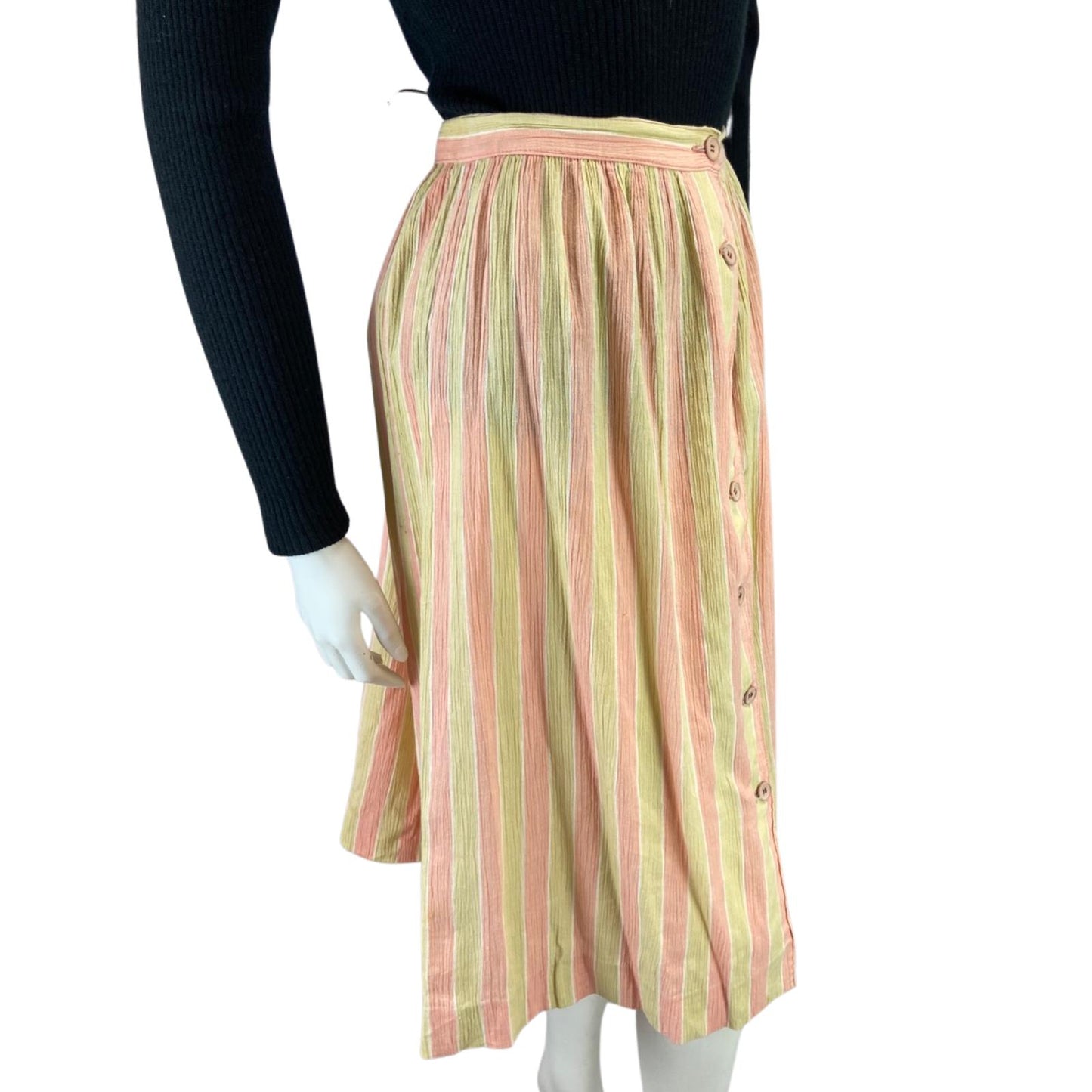 VINTAGE 80S PEACH PINK CREAM SWING BUTTON DOWN MIDI SKIRT 8 10 S