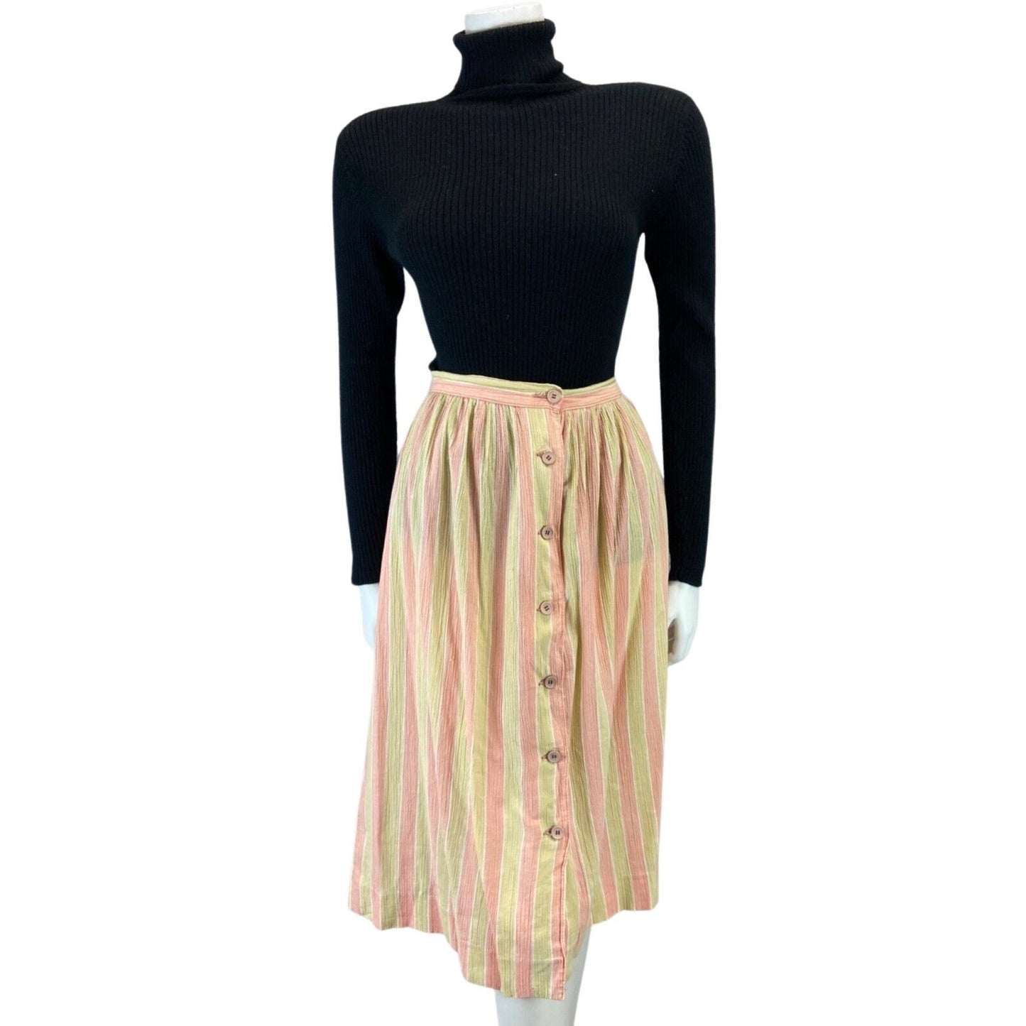 VINTAGE 80S PEACH PINK CREAM SWING BUTTON DOWN MIDI SKIRT 8 10 S
