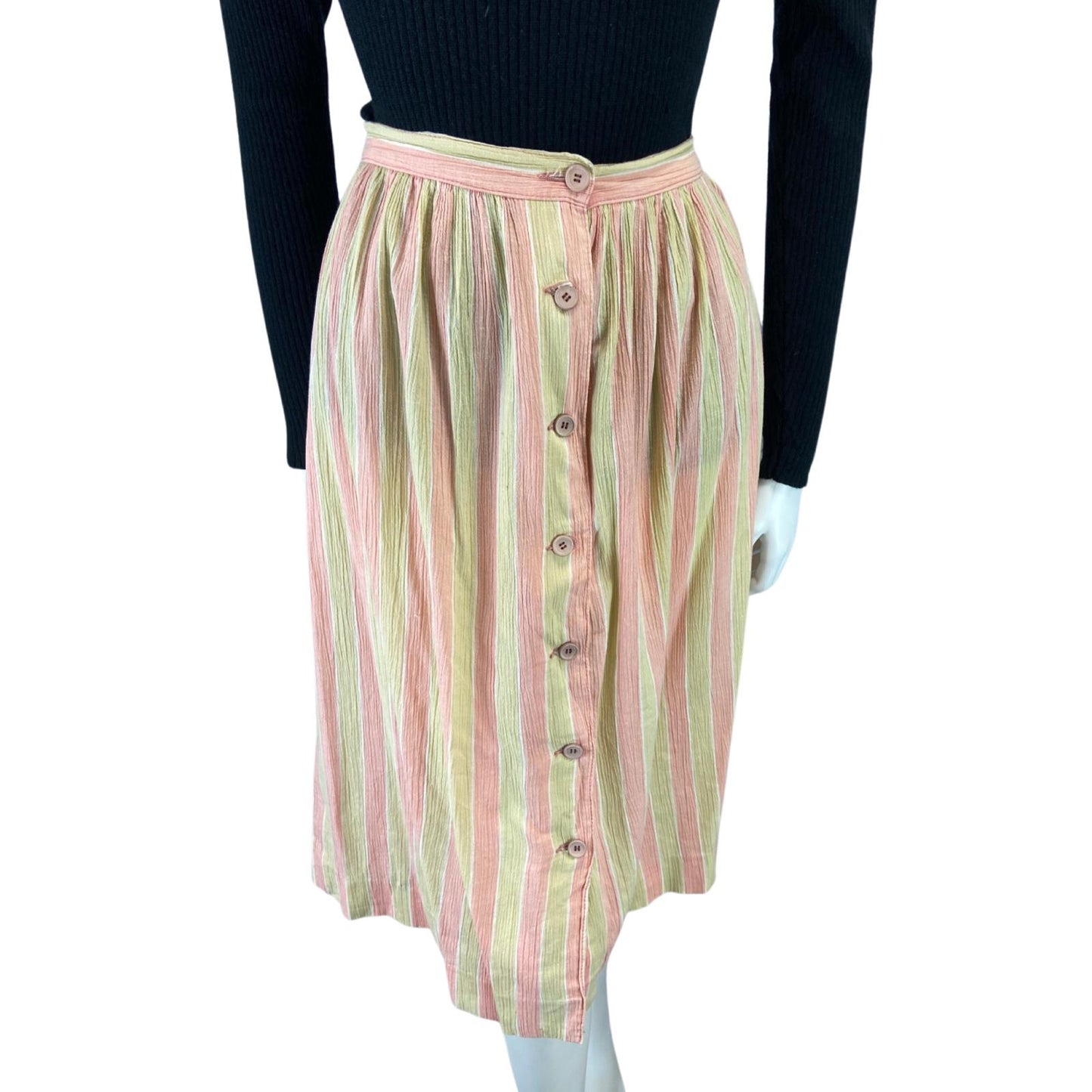 VINTAGE 80S PEACH PINK CREAM SWING BUTTON DOWN MIDI SKIRT 8 10 S