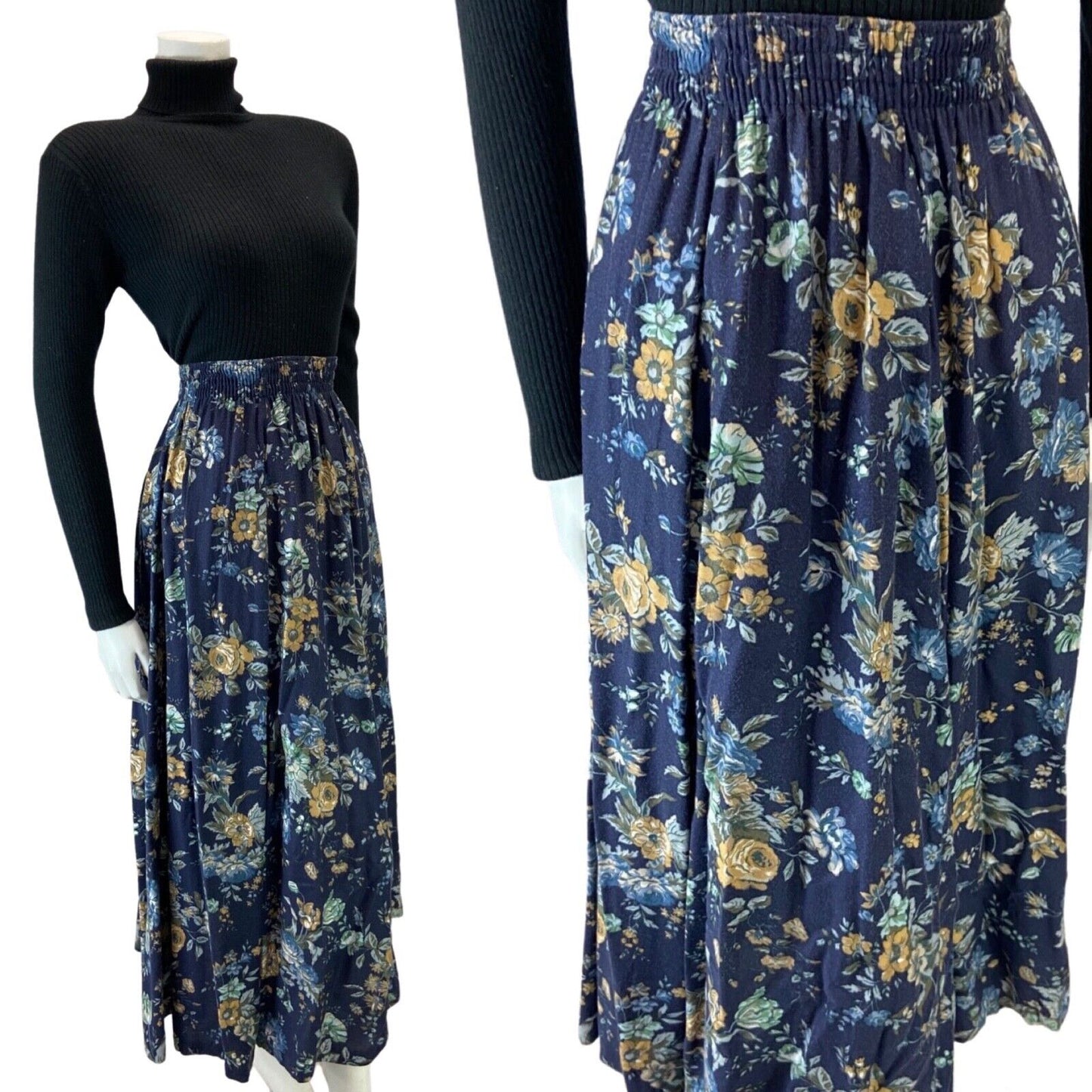VINTAGE 90S NAVY BLUE LAURA ASHLEY FLROAL MAXI SKIRT XS 6