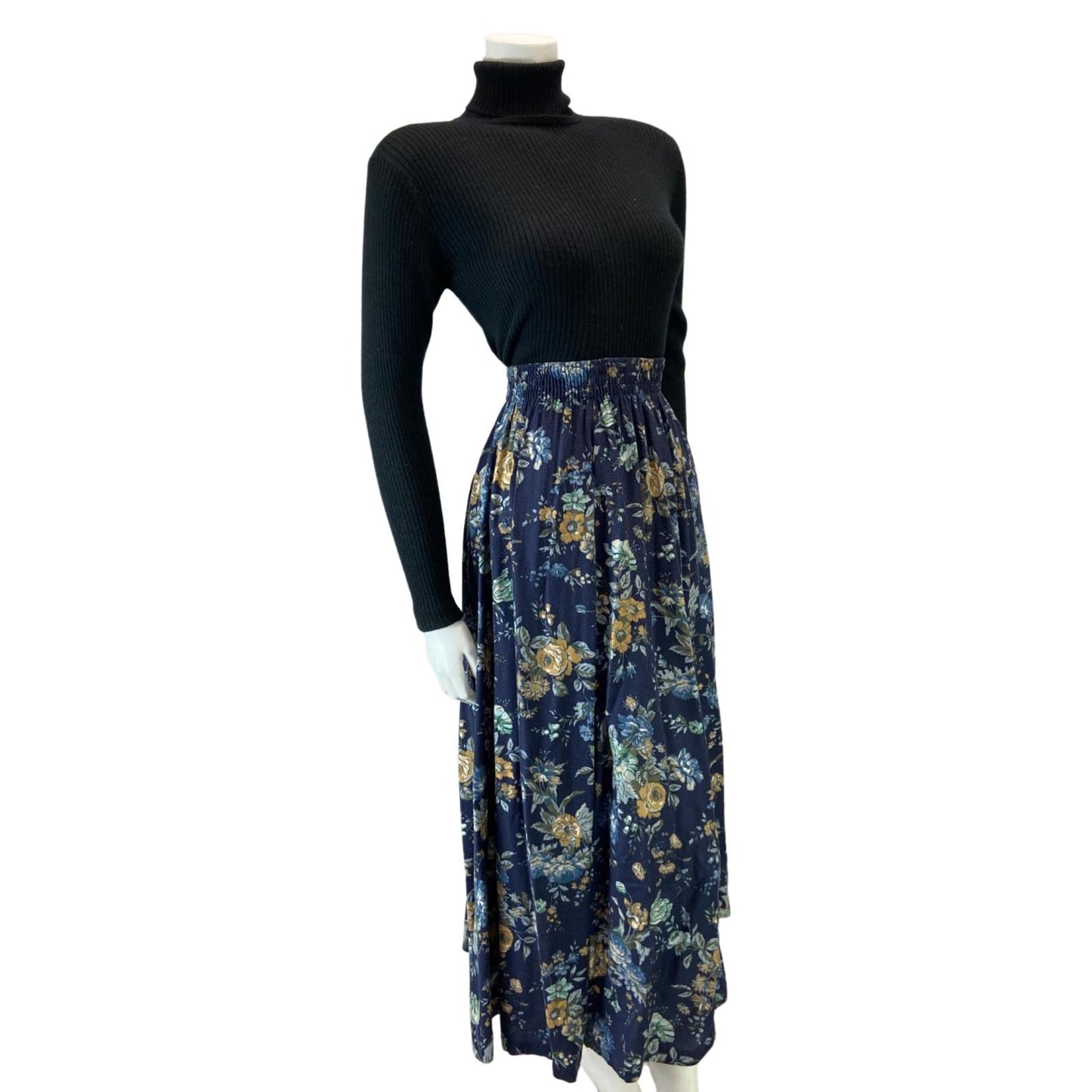 VINTAGE 90S NAVY BLUE LAURA ASHLEY FLROAL MAXI SKIRT XS 6