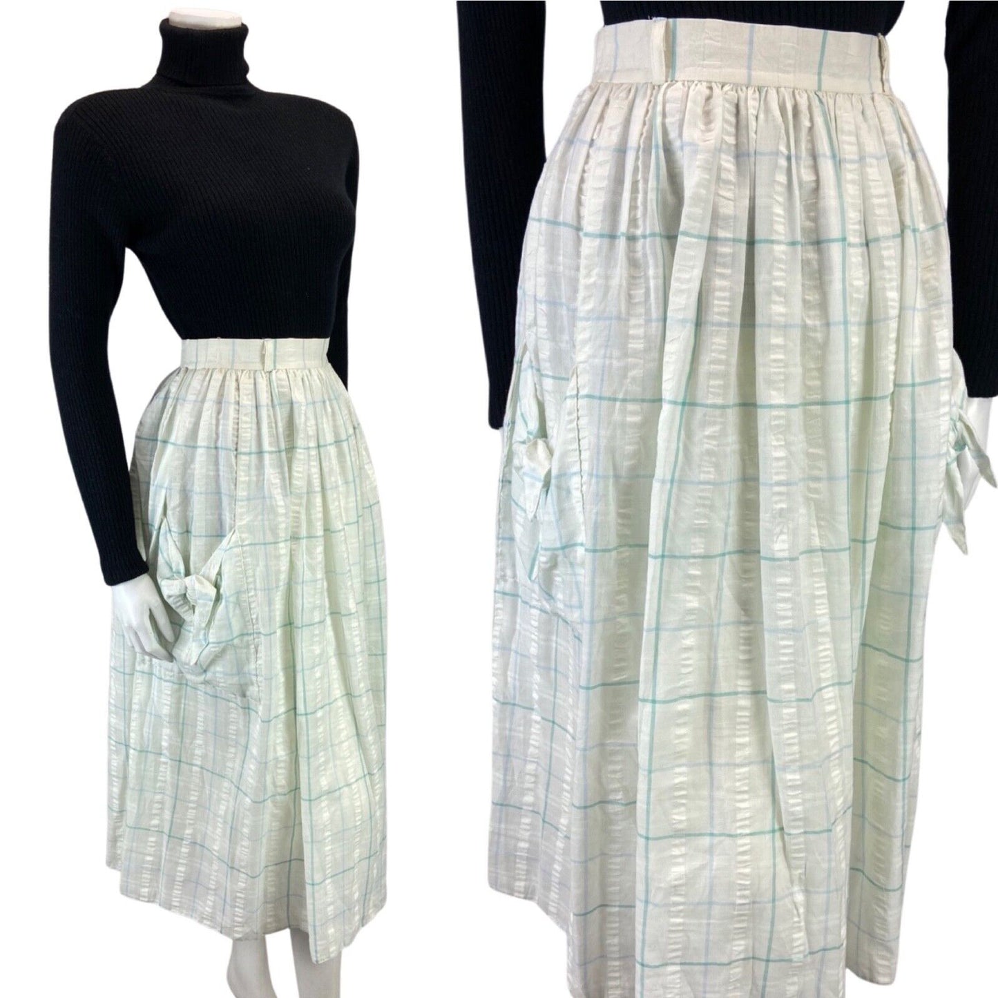 VINTAGE 80S WHITE BLUE GRID CHECK SWING POCKET MIDI SKIRT 8 10 S