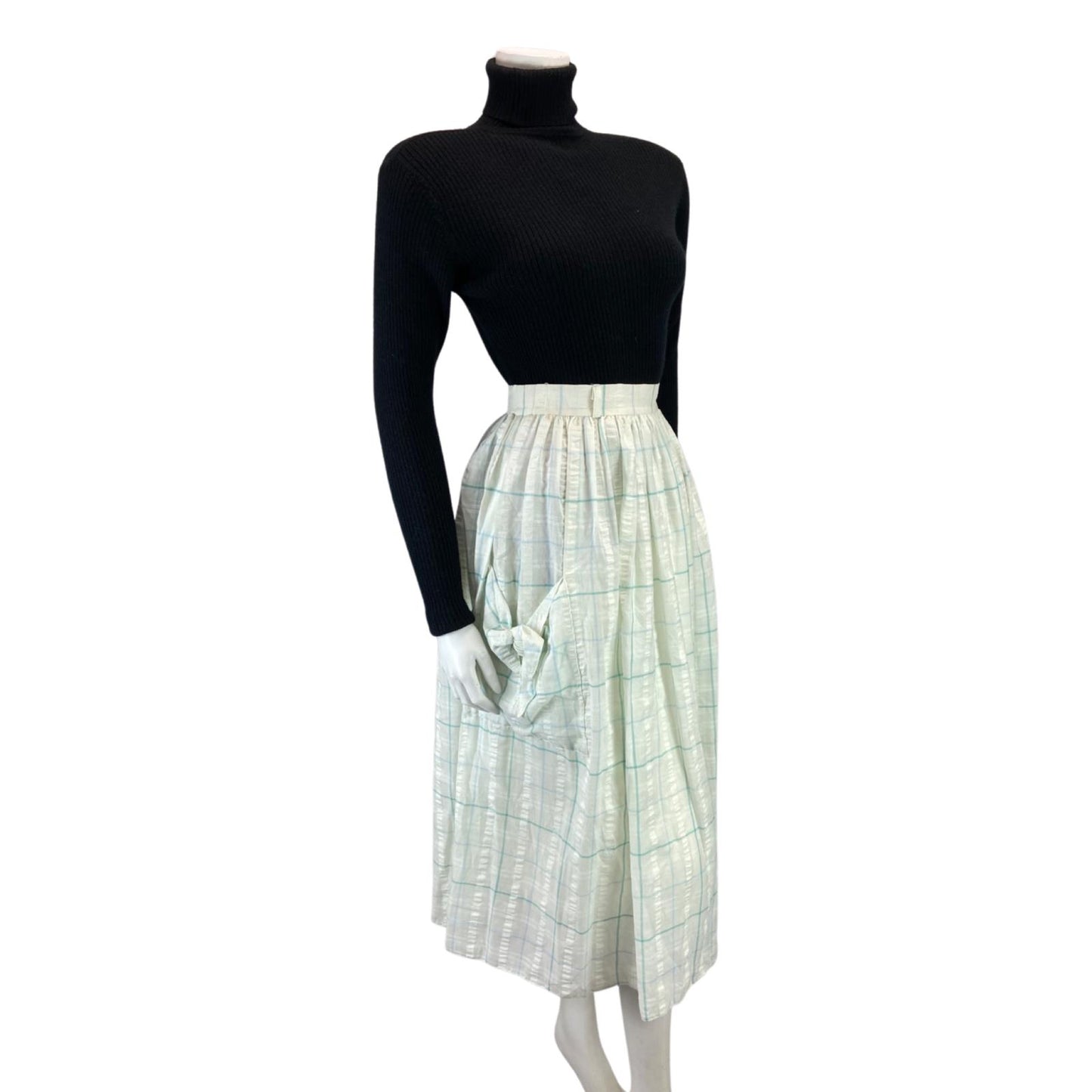 VINTAGE 80S WHITE BLUE GRID CHECK SWING POCKET MIDI SKIRT 8 10 S