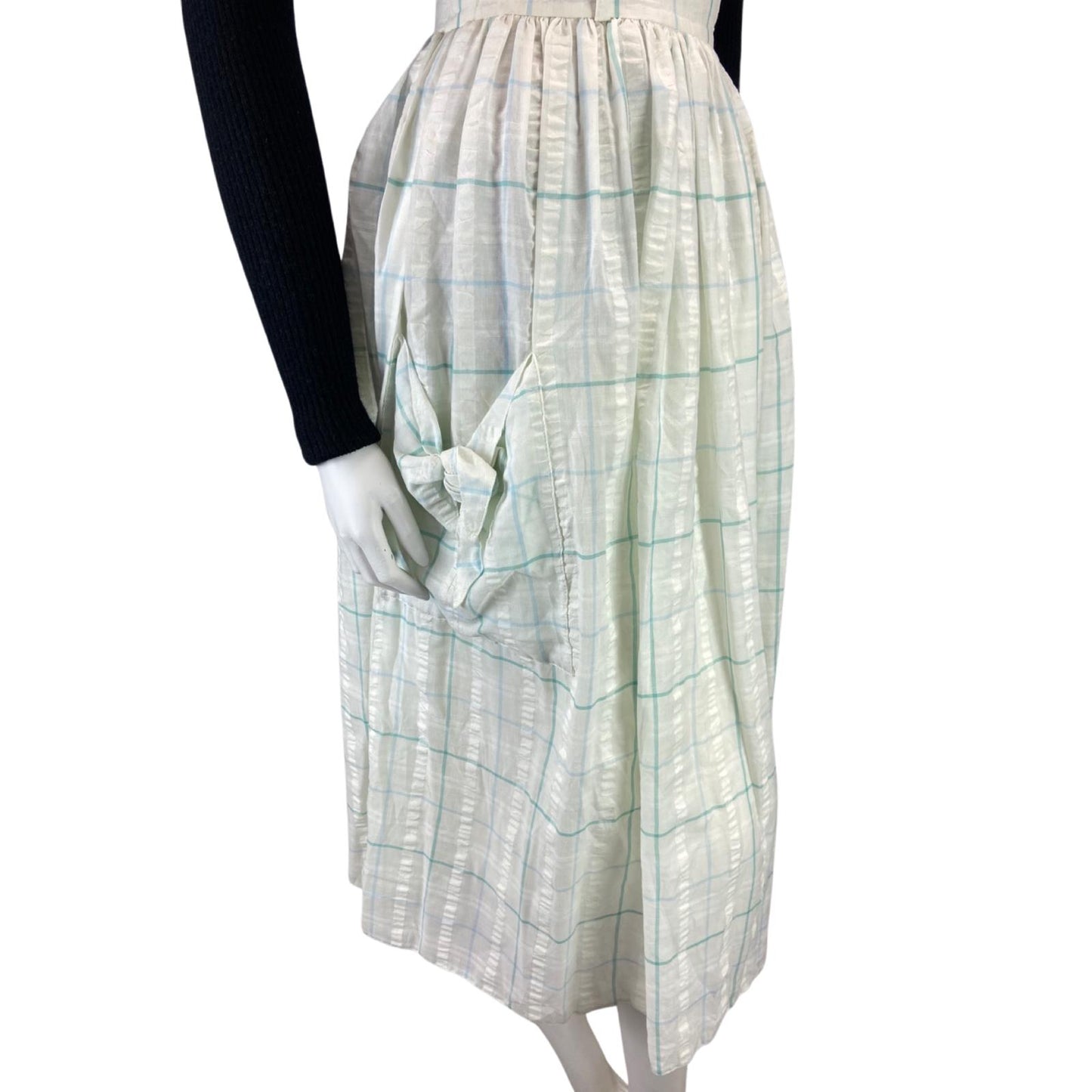 VINTAGE 80S WHITE BLUE GRID CHECK SWING POCKET MIDI SKIRT 8 10 S
