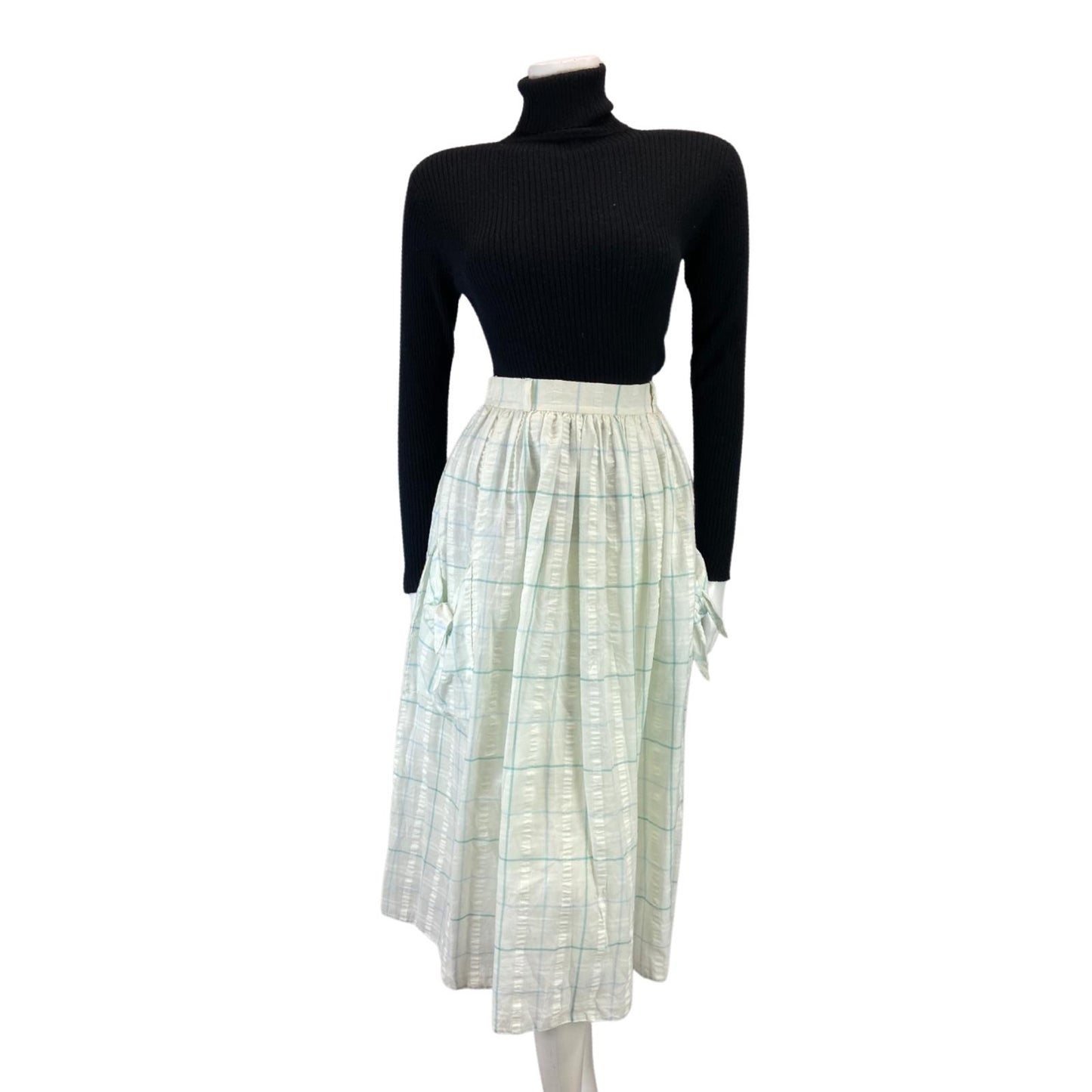 VINTAGE 80S WHITE BLUE GRID CHECK SWING POCKET MIDI SKIRT 8 10 S
