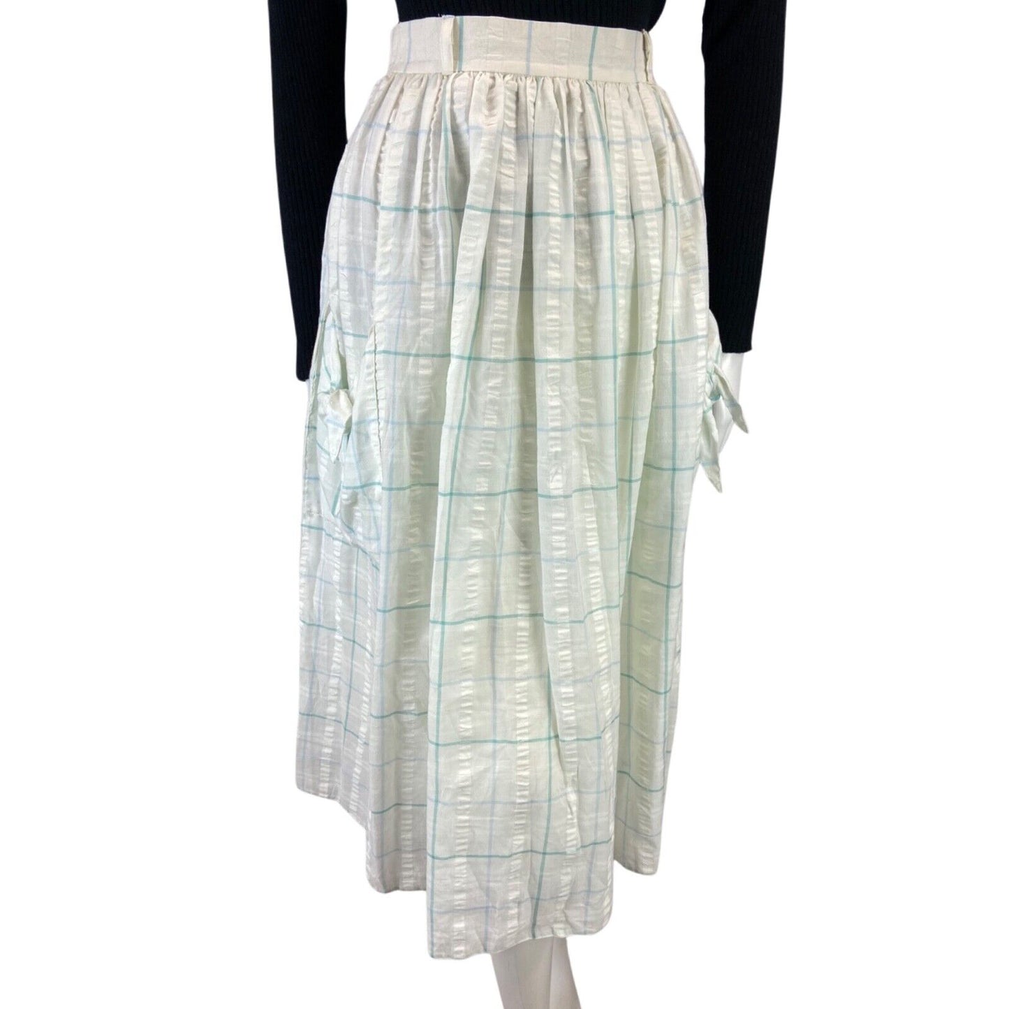 VINTAGE 80S WHITE BLUE GRID CHECK SWING POCKET MIDI SKIRT 8 10 S