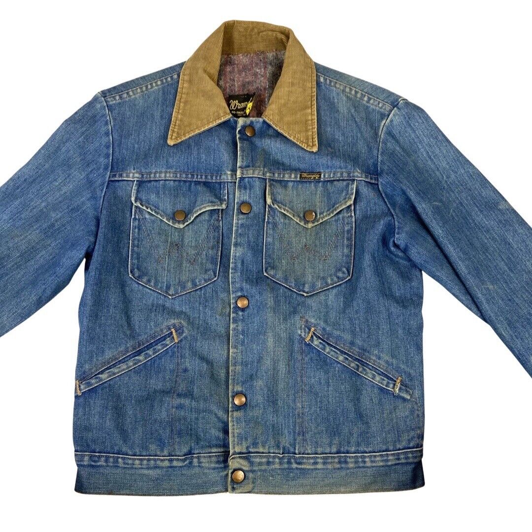 VTG EARLY 70s USA WRANGLER WOOL BLANKET LINED DENIM CHORE JACKET ROCKABILLY 38 S