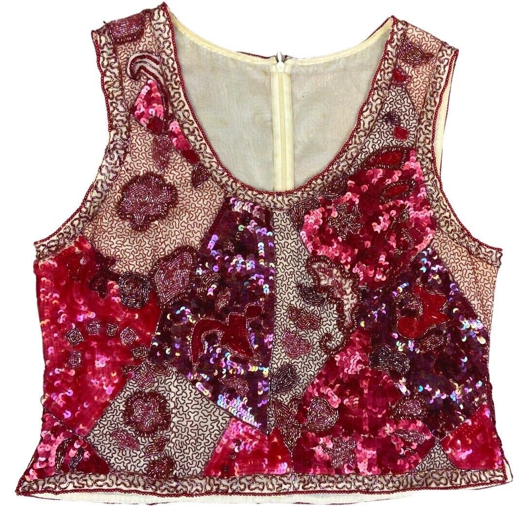 Vintage 90s Red Embellished Embroidered Sequin Sparkly Party Top 16 18 L