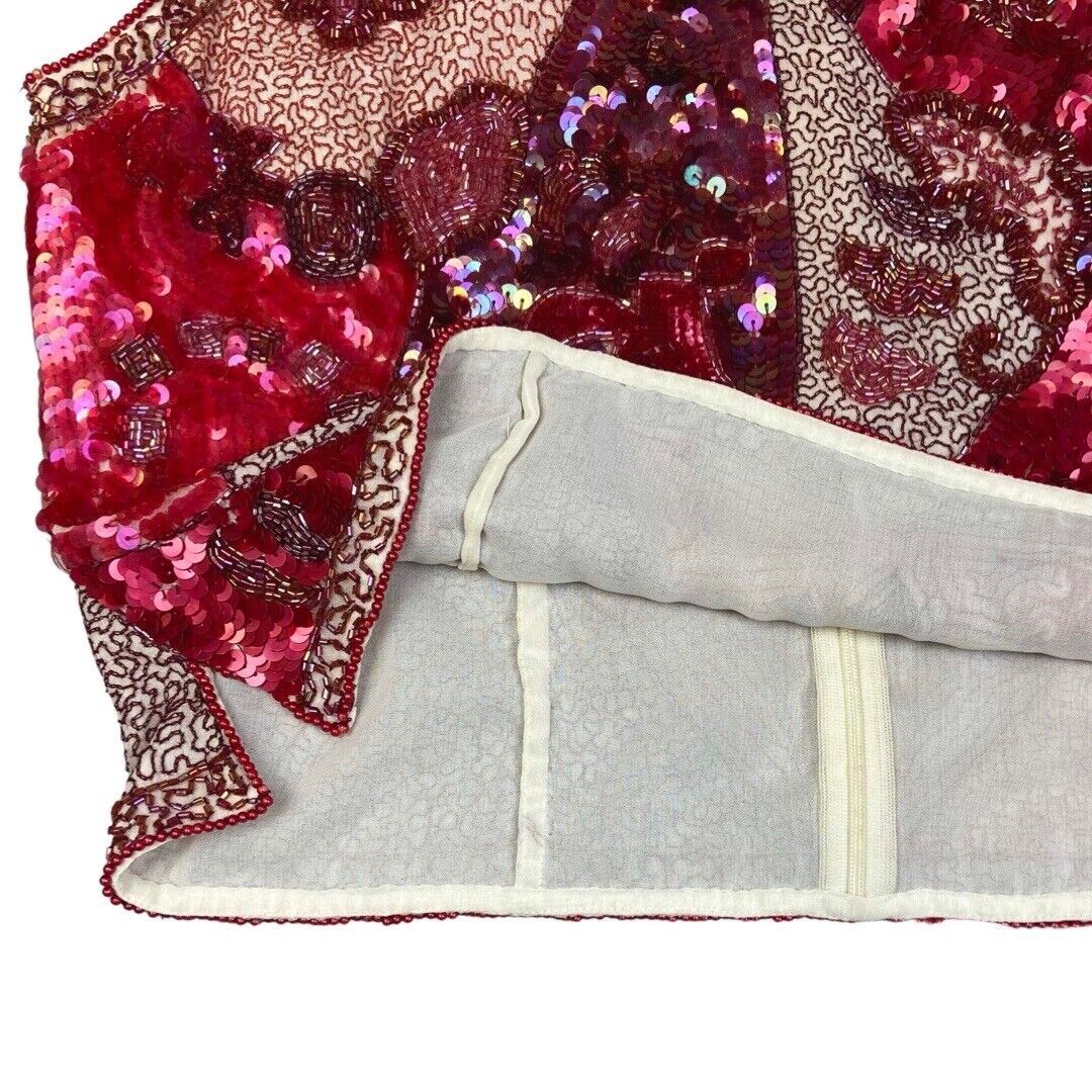 Vintage 90s Red Embellished Embroidered Sequin Sparkly Party Top 16 18 L