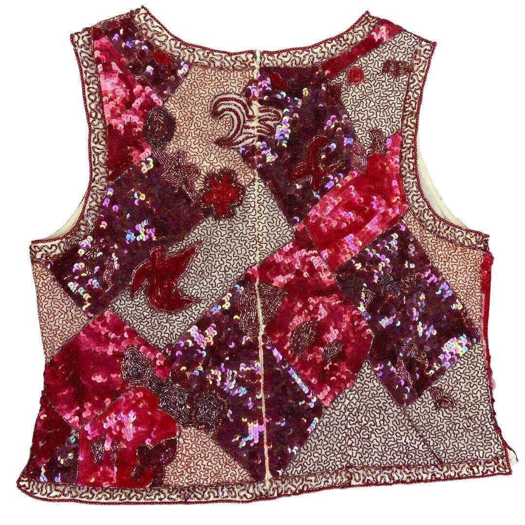 Vintage 90s Red Embellished Embroidered Sequin Sparkly Party Top 16 18 L