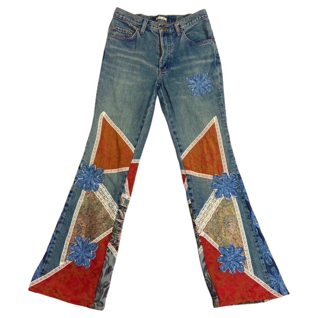 Vintage 90s Y2K Blue Denim Flared Mid Rise Embroidered Patchwork Jeans 10 S