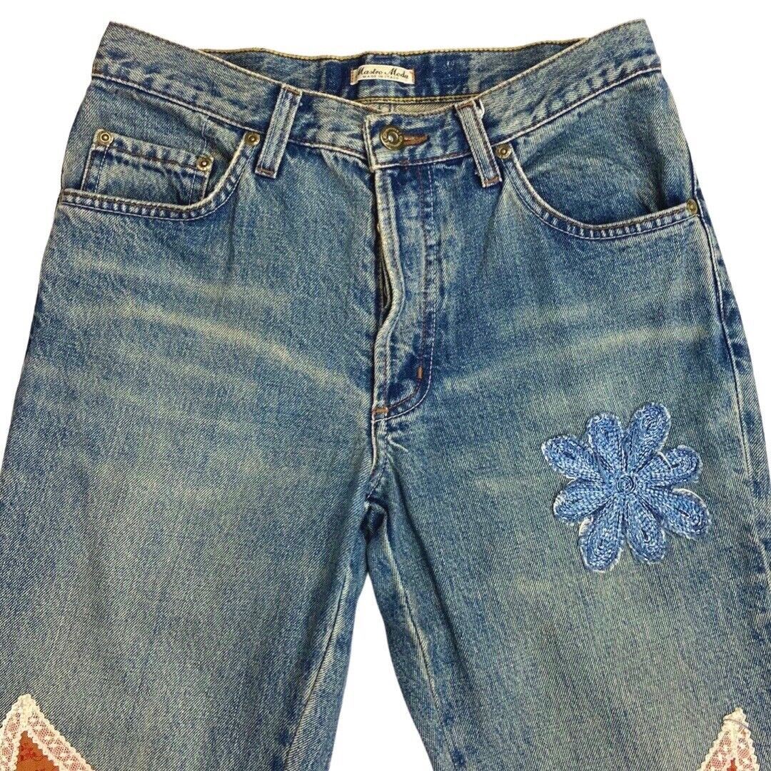 Vintage 90s Y2K Blue Denim Flared Mid Rise Embroidered Patchwork Jeans 10 S