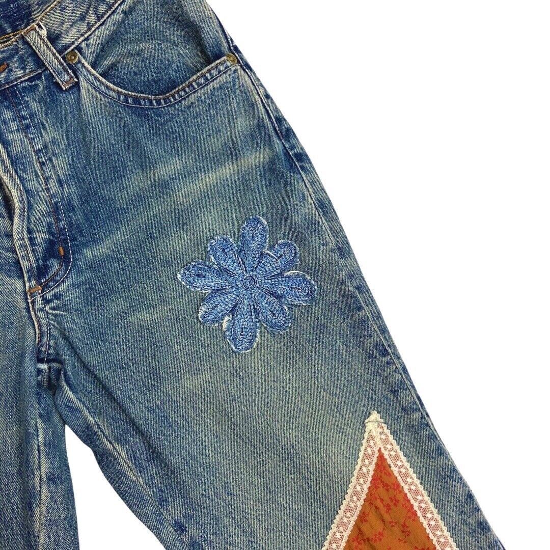 Vintage 90s Y2K Blue Denim Flared Mid Rise Embroidered Patchwork Jeans 10 S