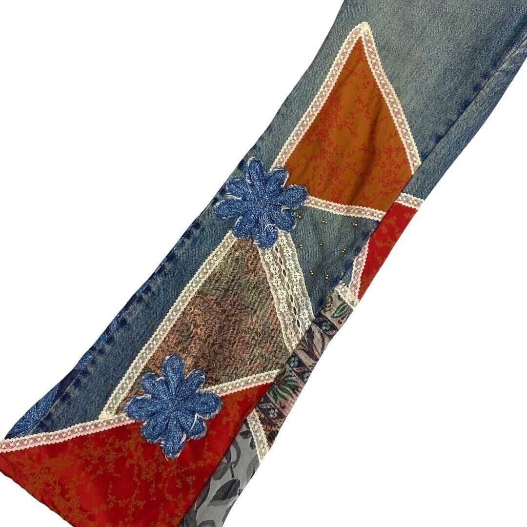 Vintage 90s Y2K Blue Denim Flared Mid Rise Embroidered Patchwork Jeans 10 S