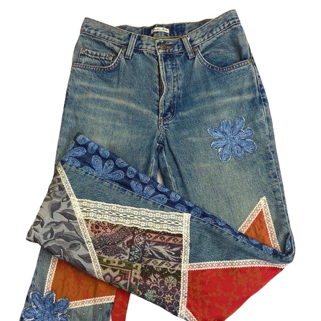 Vintage 90s Y2K Blue Denim Flared Mid Rise Embroidered Patchwork Jeans 10 S