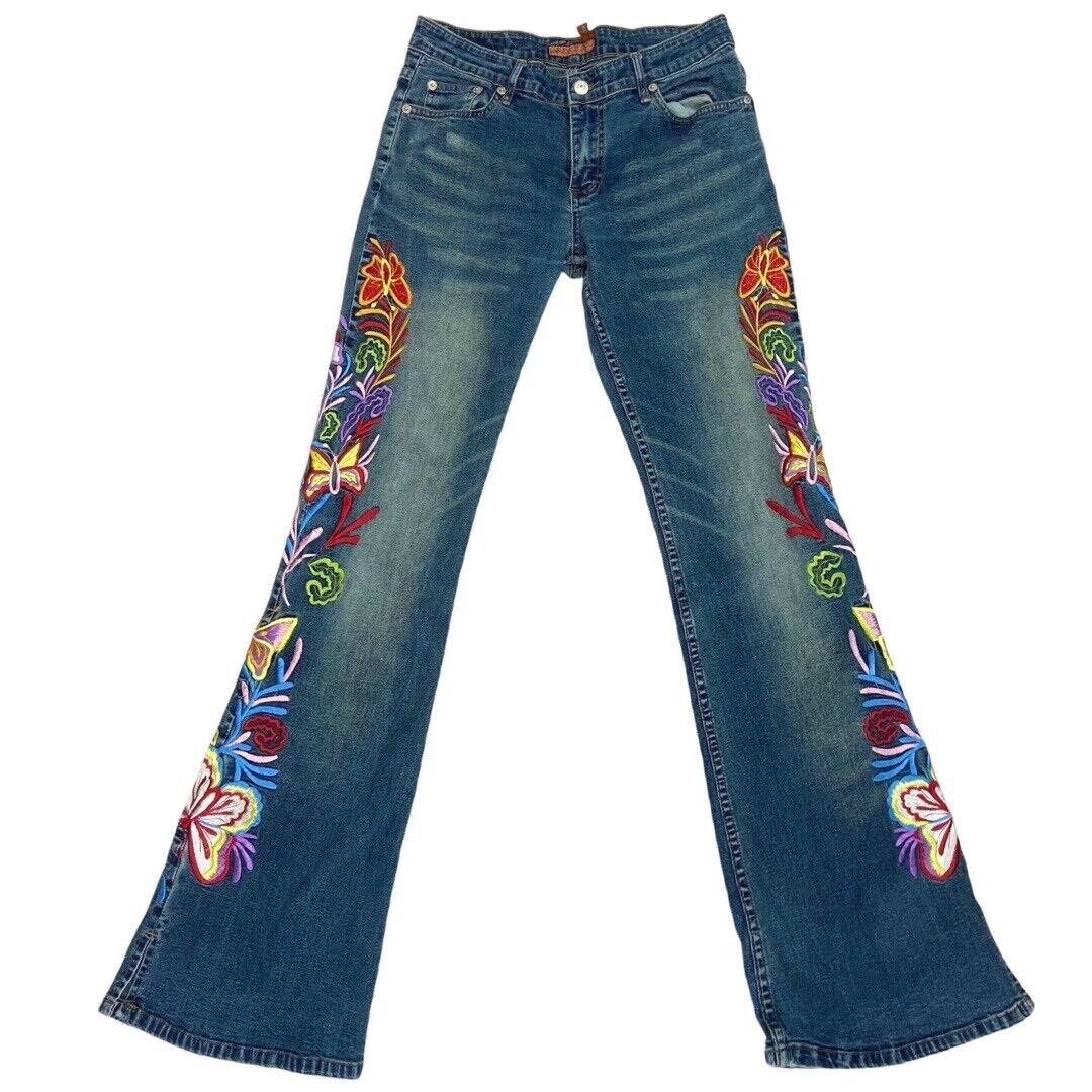 Vintage 90s Y2K Blue Denim Flared Mid Rise Embroidered Floral Jeans 8 S