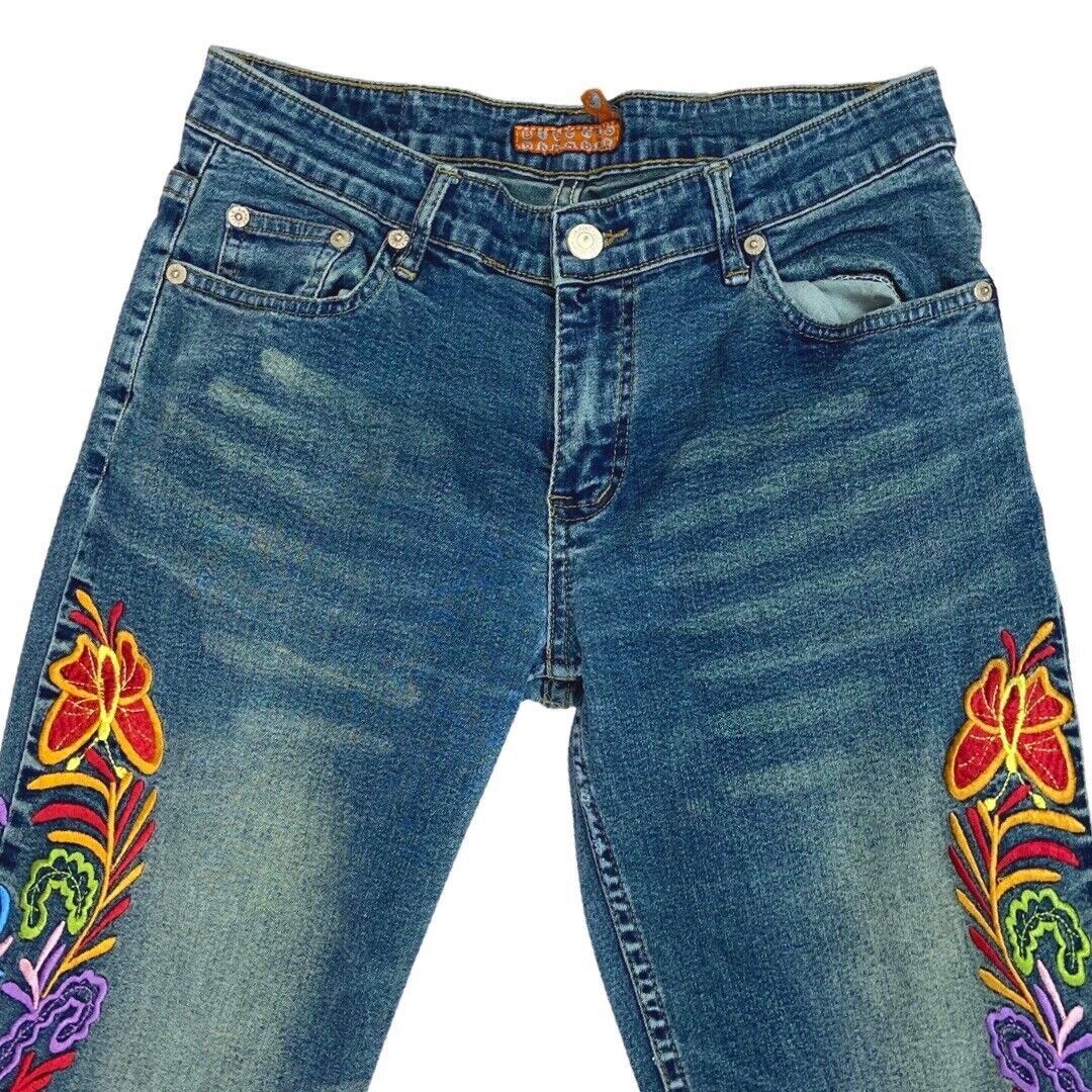 Vintage 90s Y2K Blue Denim Flared Mid Rise Embroidered Floral Jeans 8 S