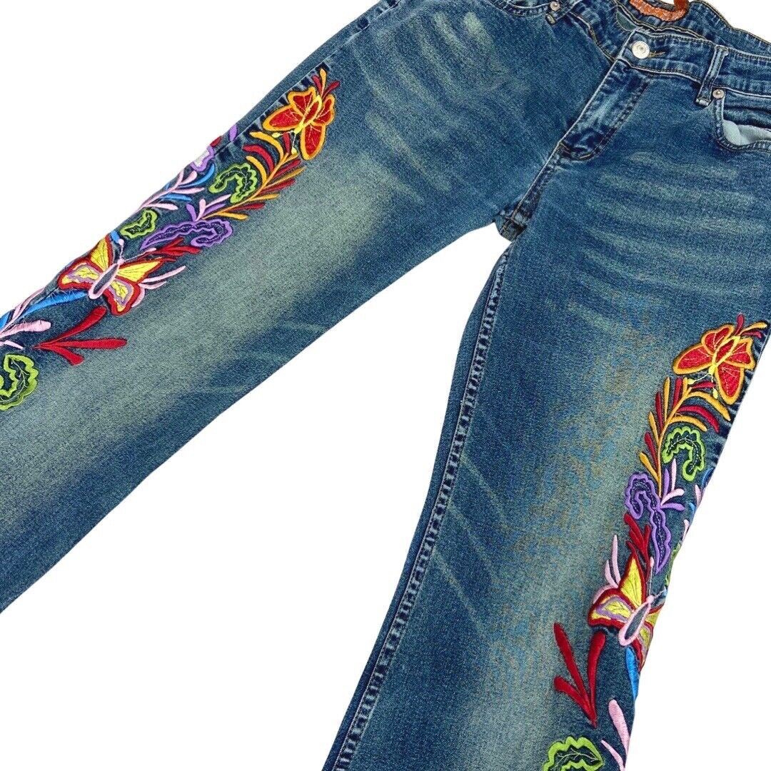 Vintage 90s Y2K Blue Denim Flared Mid Rise Embroidered Floral Jeans 8 S