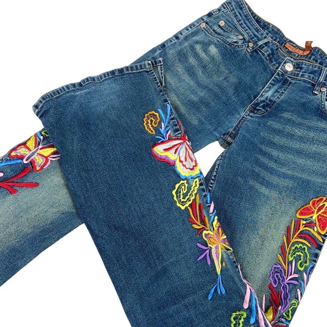 Vintage 90s Y2K Blue Denim Flared Mid Rise Embroidered Floral Jeans 8 S