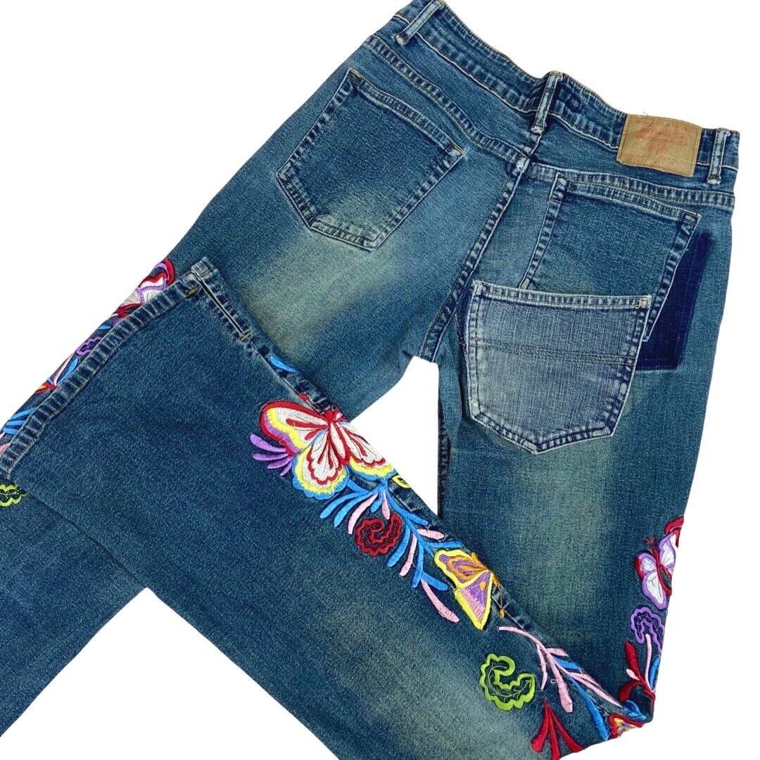 Vintage 90s Y2K Blue Denim Flared Mid Rise Embroidered Floral Jeans 8 S