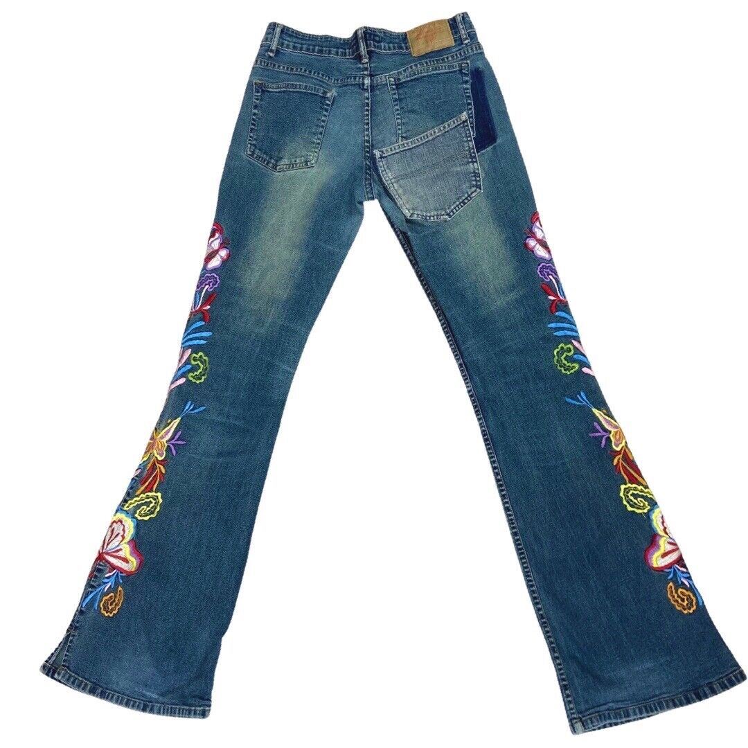 Vintage 90s Y2K Blue Denim Flared Mid Rise Embroidered Floral Jeans 8 S