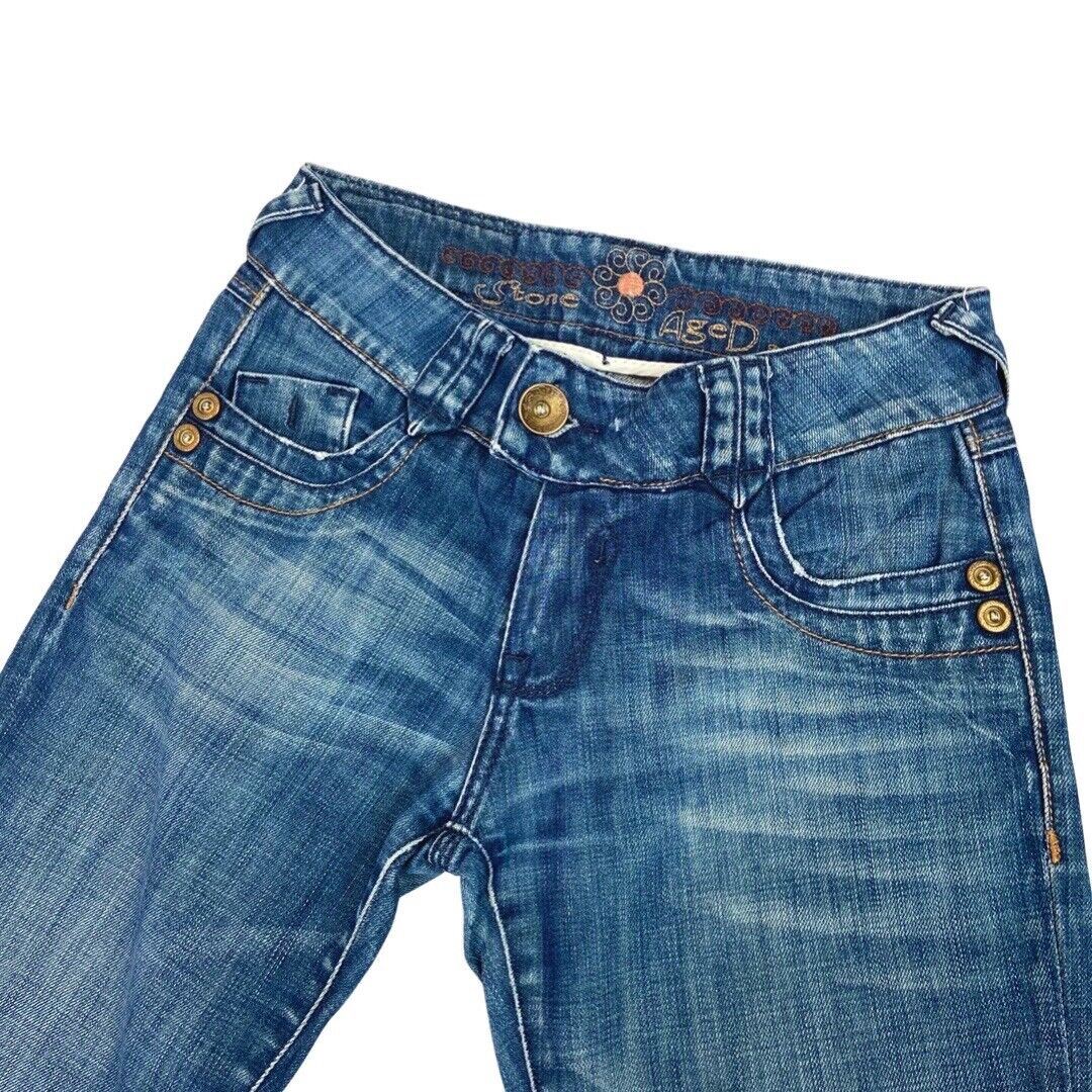 Vintage 90s Y2K Blue Denim Flared Embroidered Mid Rise Jeans 6 XS