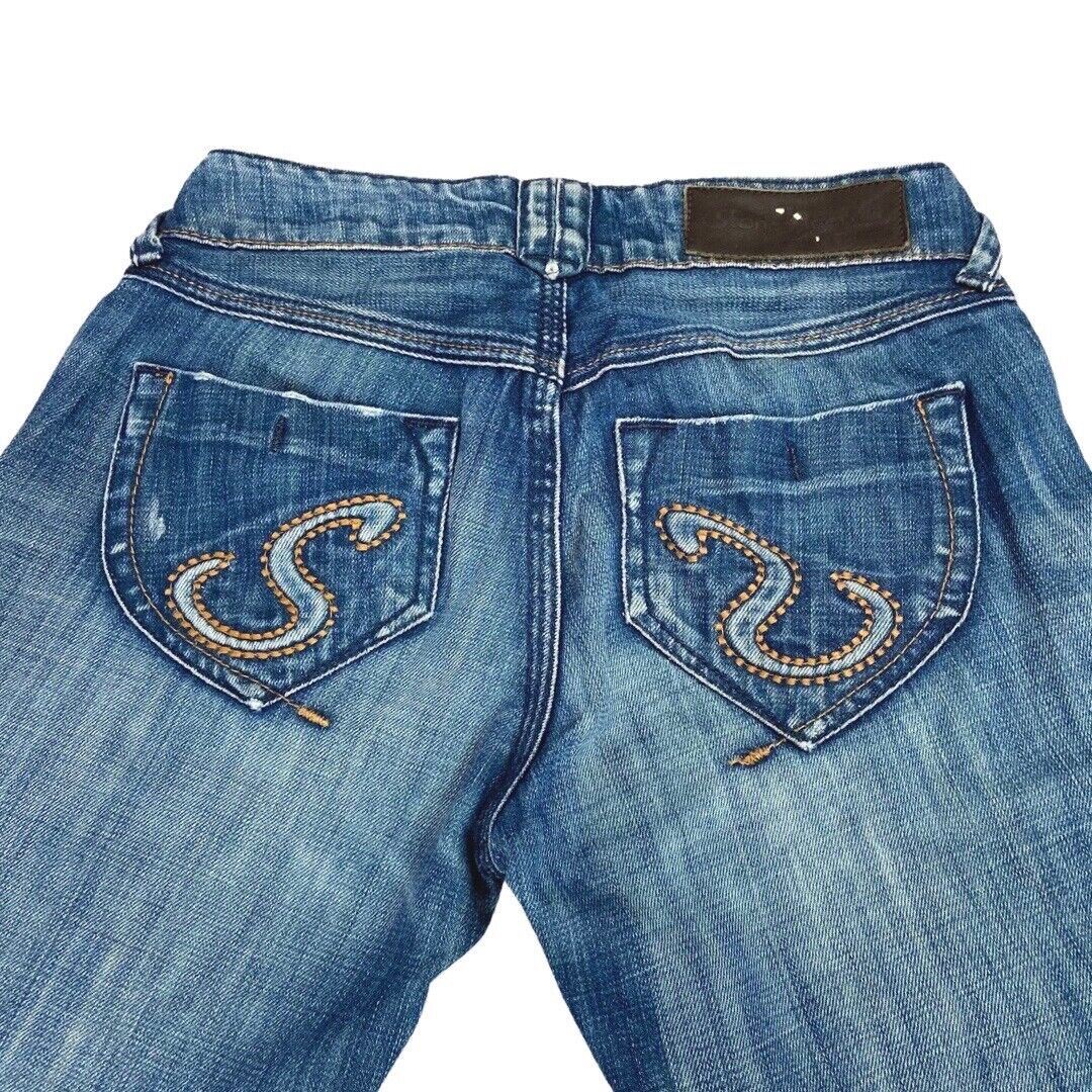 Vintage 90s Y2K Blue Denim Flared Embroidered Mid Rise Jeans 6 XS