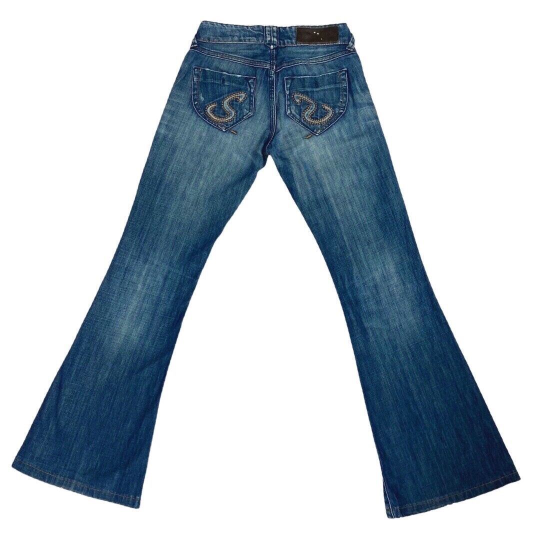 Vintage 90s Y2K Blue Denim Flared Embroidered Mid Rise Jeans 6 XS