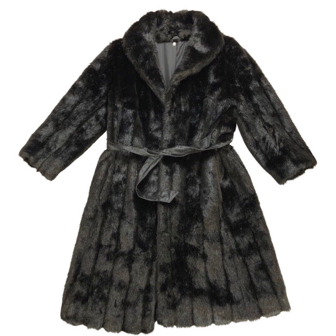 Vintage 70s 80s Black Belted Long Faux Fur Coat 16 18 L