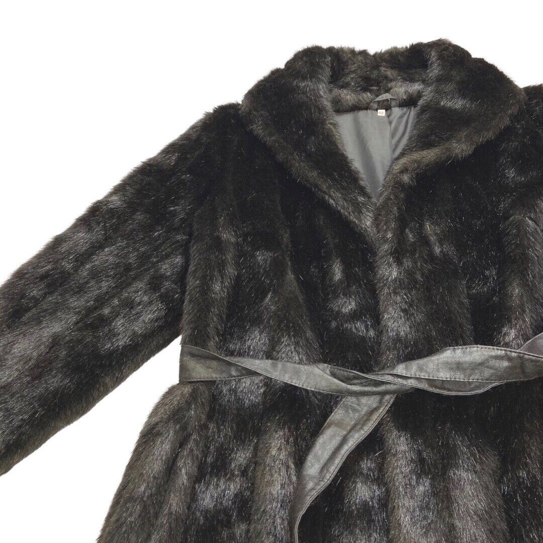 Vintage 70s 80s Black Belted Long Faux Fur Coat 16 18 L