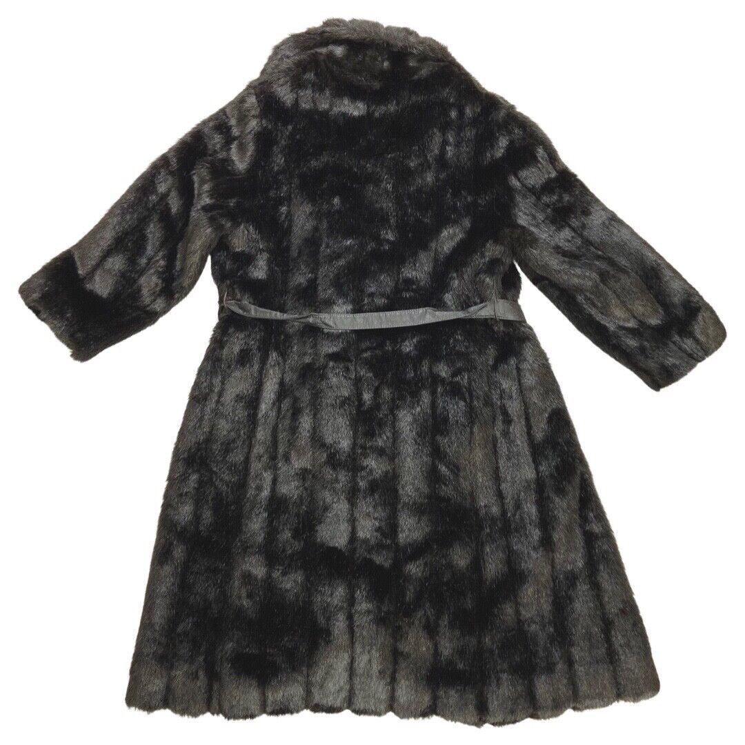 Vintage 70s 80s Black Belted Long Faux Fur Coat 16 18 L