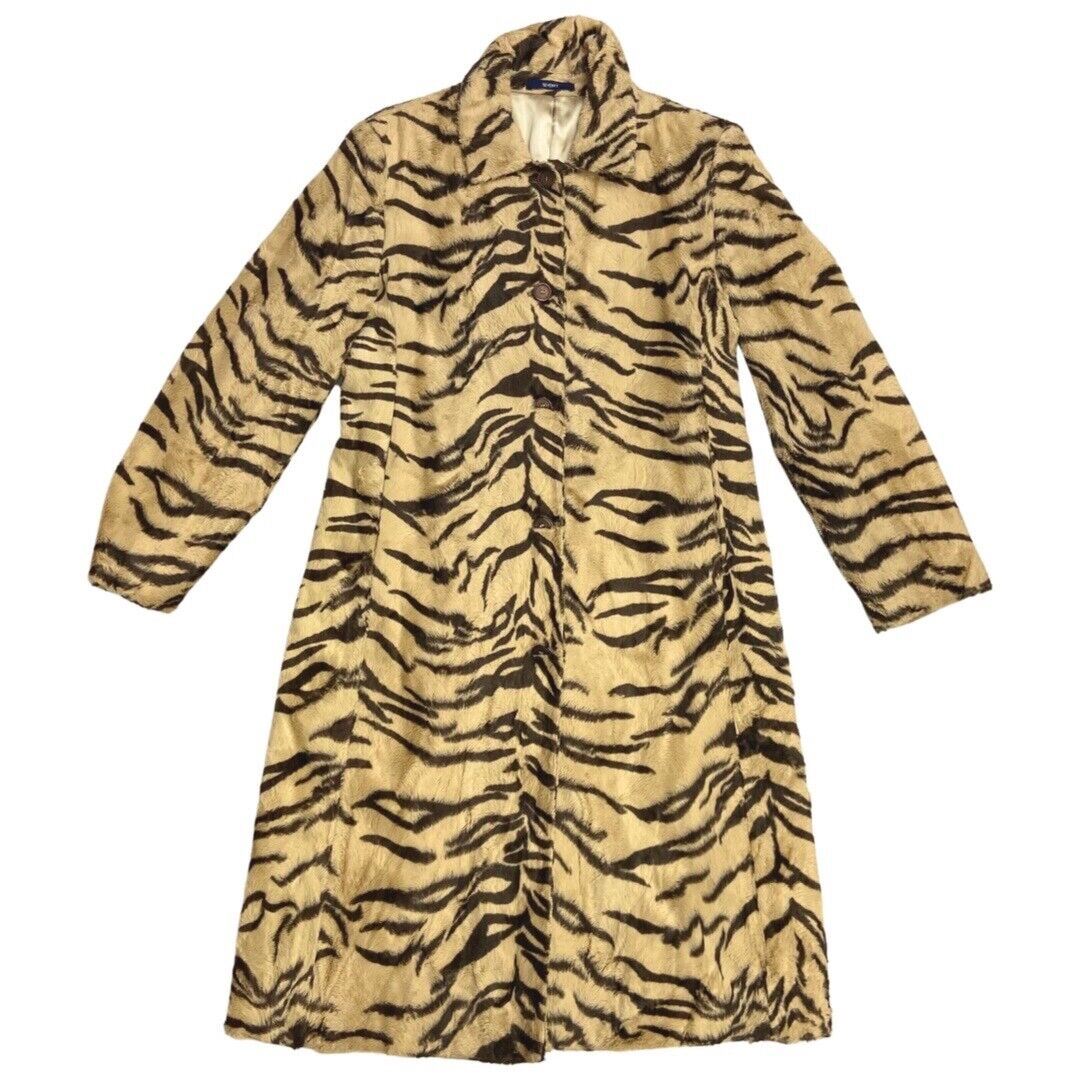 Vintage 90s Beige Brown Animal Print Long Faux Fur Coat 10 12 M