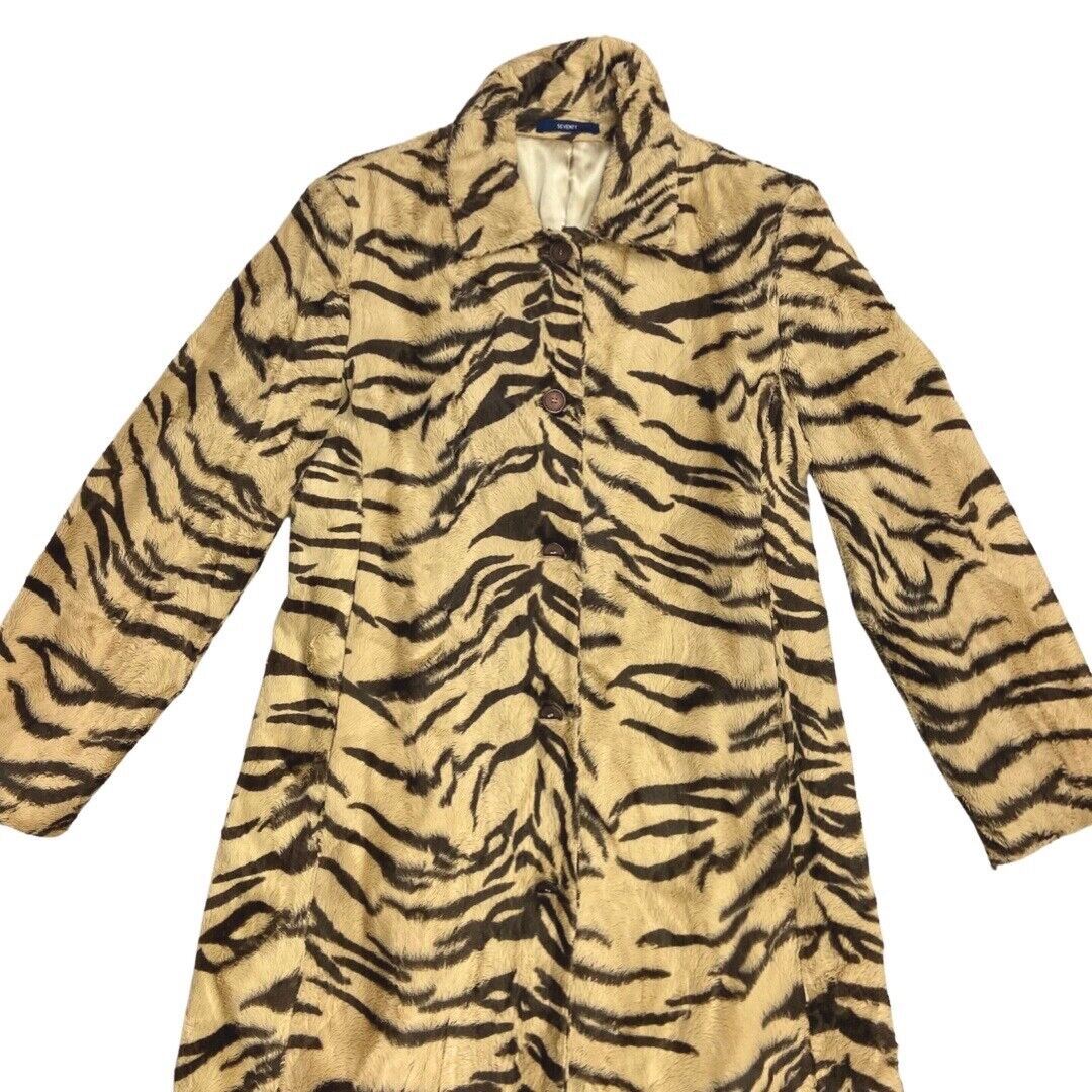 Vintage 90s Beige Brown Animal Print Long Faux Fur Coat 10 12 M