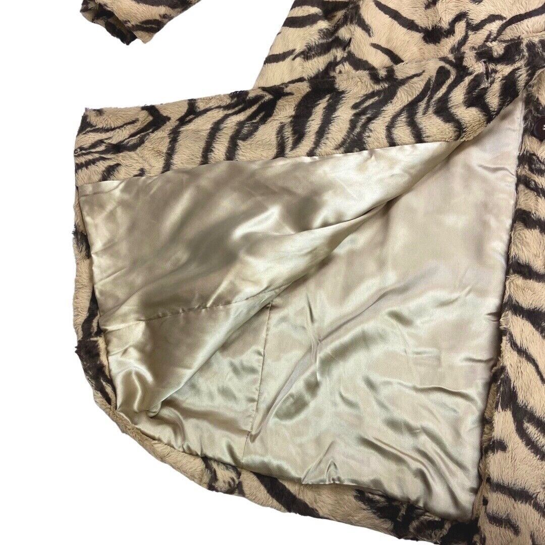 Vintage 90s Beige Brown Animal Print Long Faux Fur Coat 10 12 M