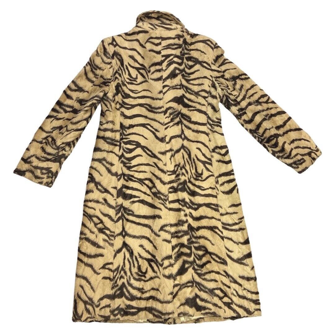 Vintage 90s Beige Brown Animal Print Long Faux Fur Coat 10 12 M