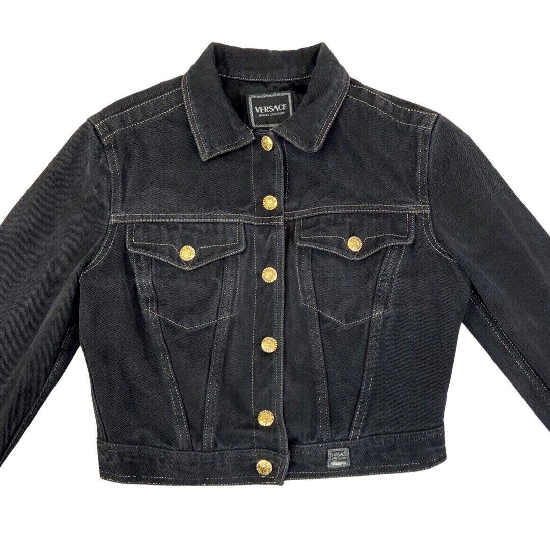 Vintage 90s Black Versace Jeans Denim Button Down Crop Jacket 12 14 M