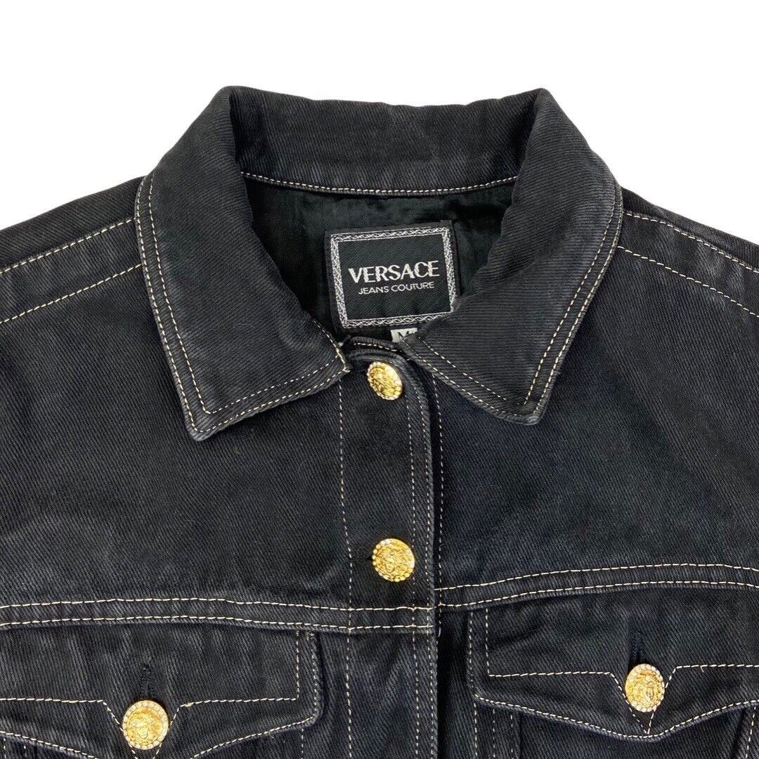 Vintage 90s Black Versace Jeans Denim Button Down Crop Jacket 12 14 M