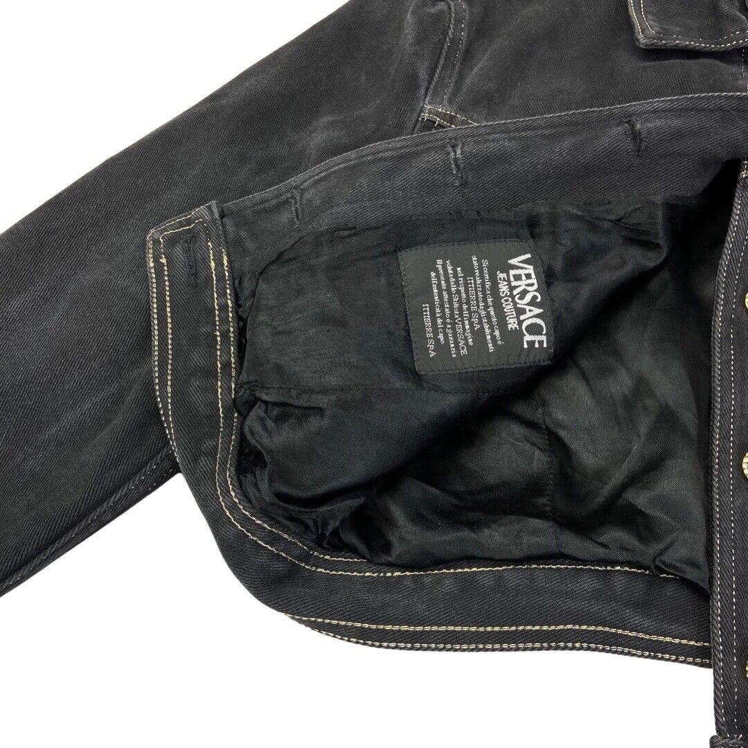 Vintage 90s Black Versace Jeans Denim Button Down Crop Jacket 12 14 M