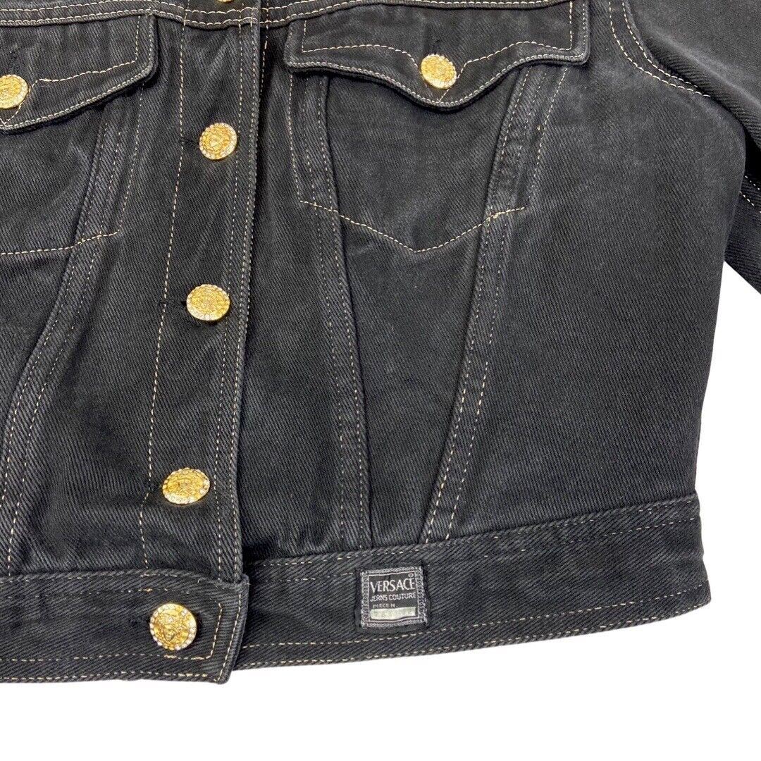 Vintage 90s Black Versace Jeans Denim Button Down Crop Jacket 12 14 M