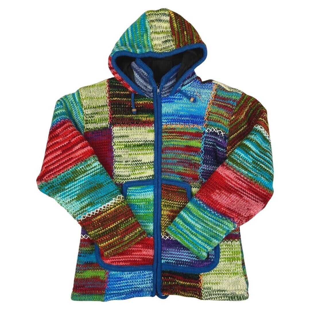 Vintage 90s 00s Blue Red 100% Wool Patchwork Shakaloha Knit Zip Cardigan 16 18 L