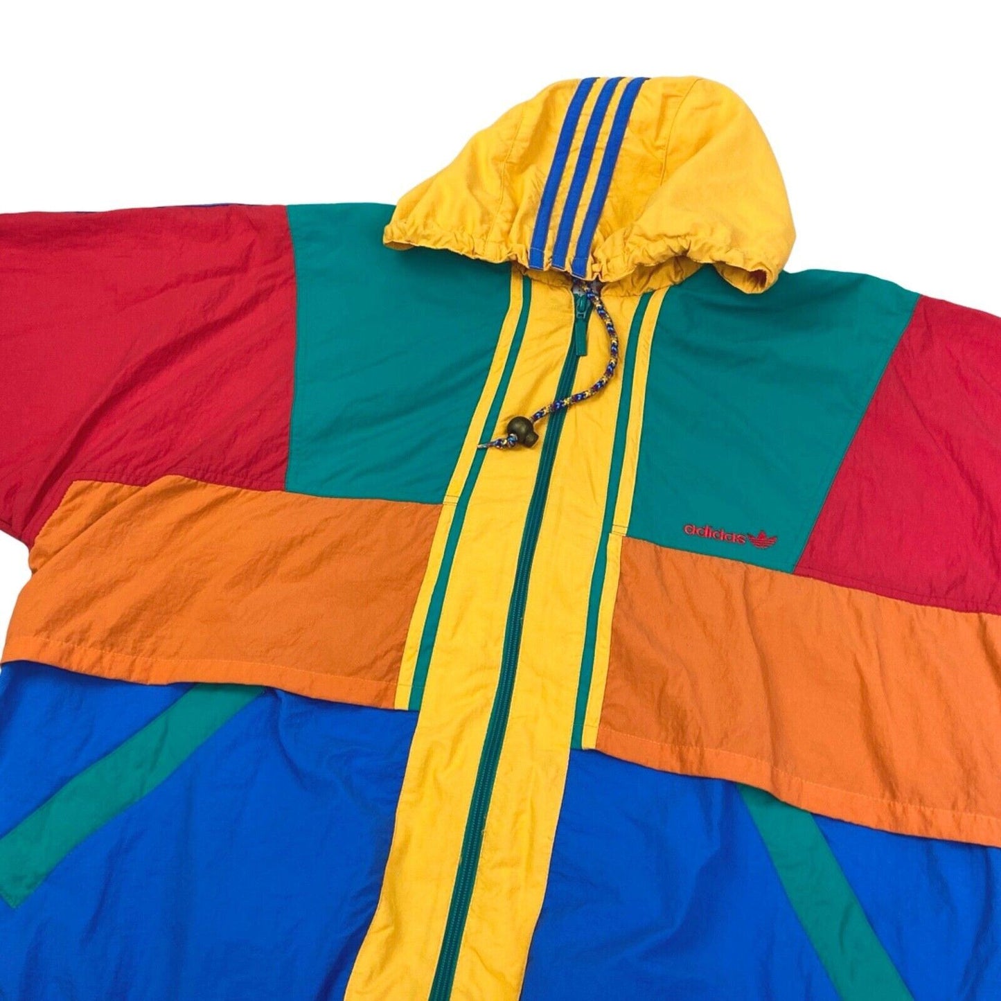VTG 90s Yellow Green Orange Red Embroidered Adidas Windbreaker Coat Jacket XXL