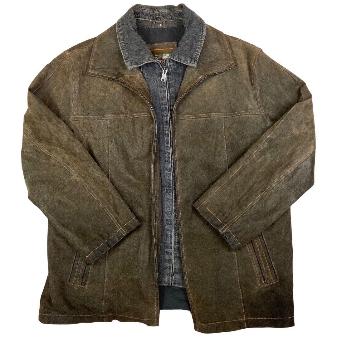 Vintage 90s Brown Leather Zip Down Jacket Denim Lining XXL