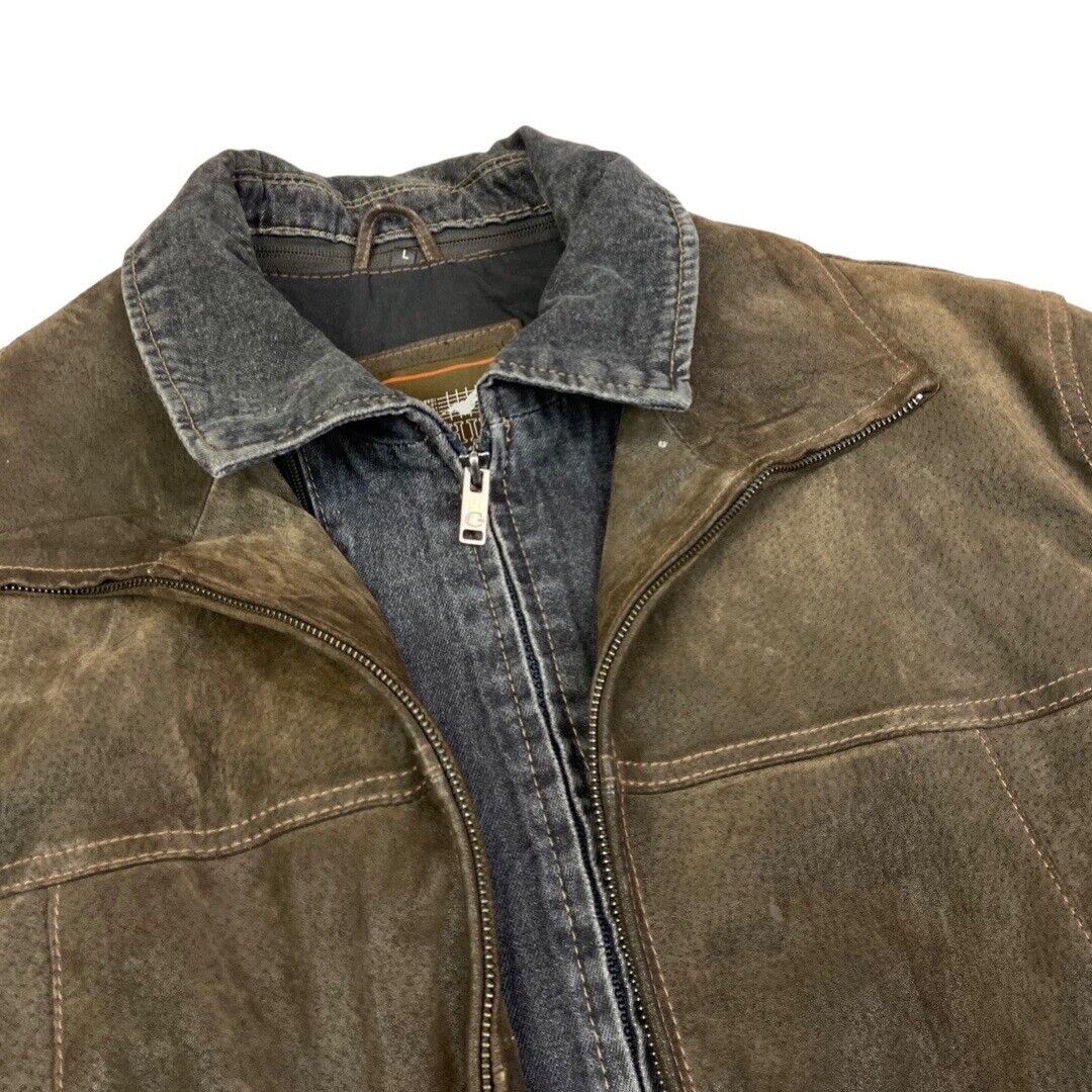 Vintage 90s Brown Leather Zip Down Jacket Denim Lining XXL