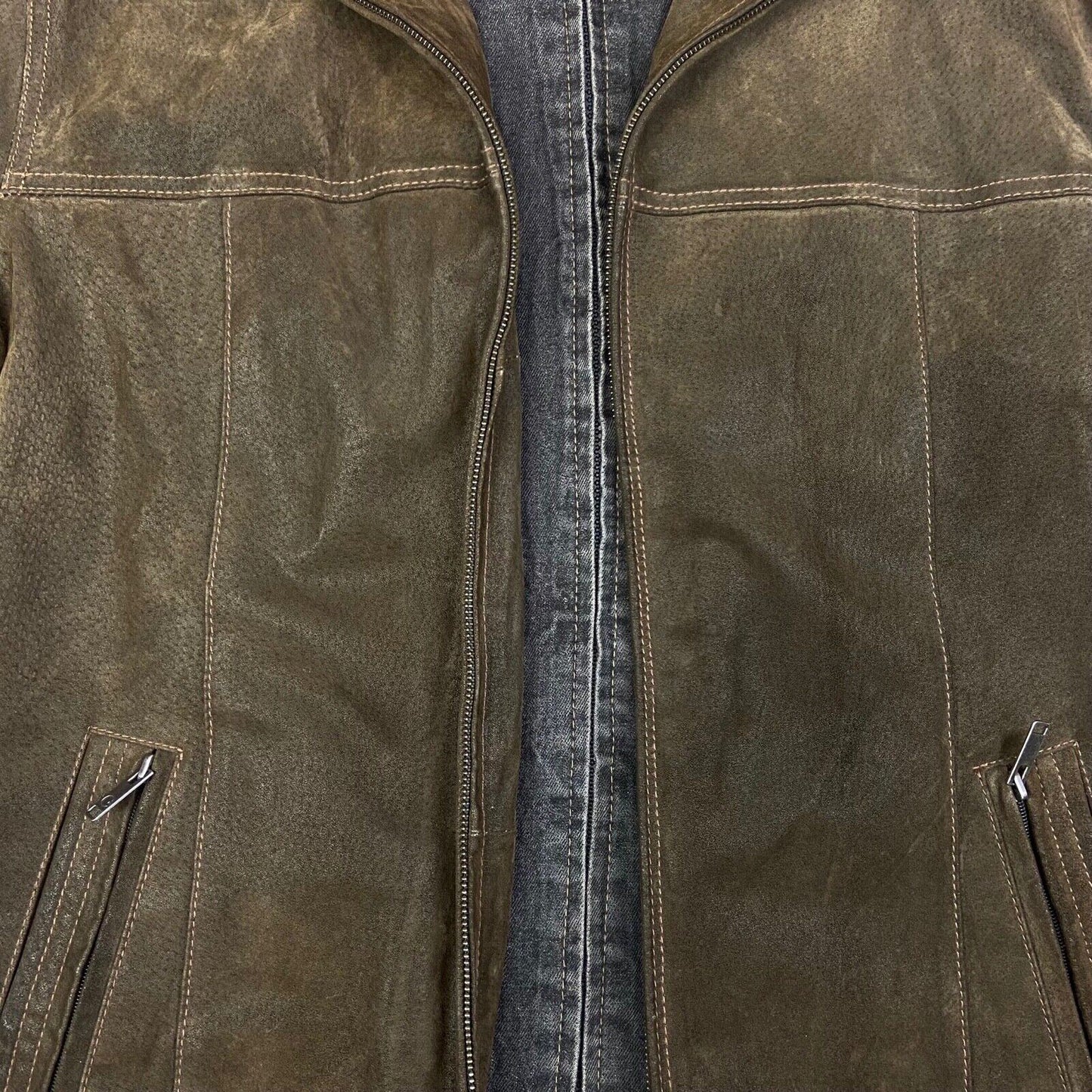 Vintage 90s Brown Leather Zip Down Jacket Denim Lining XXL
