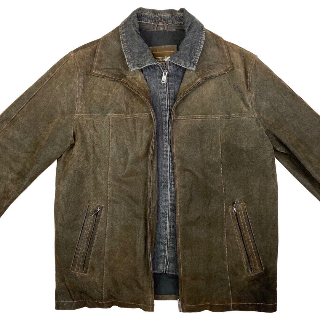Vintage 90s Brown Leather Zip Down Jacket Denim Lining XXL