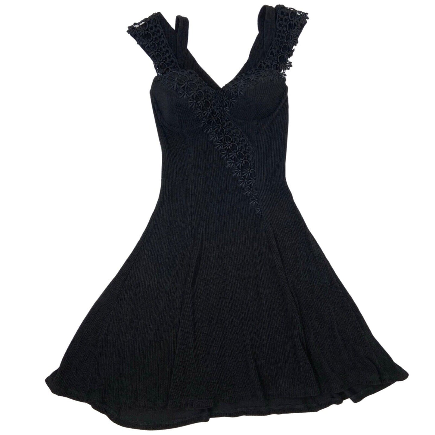 Vintage 90s Black Ribbed Lace Skater Party Dress 6 XS